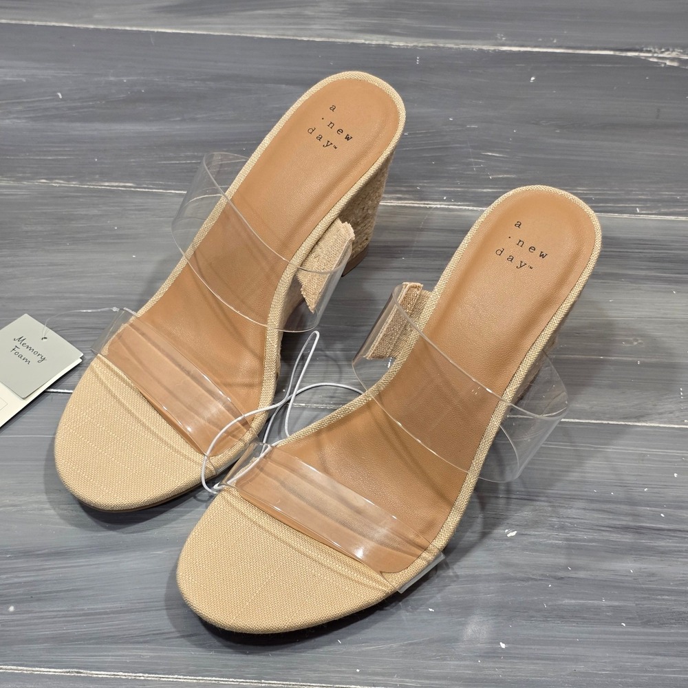 A New Day Ansel Espadrille‎ Wedge Sandals Clear Double Strap Tan - Picture 9 of 11